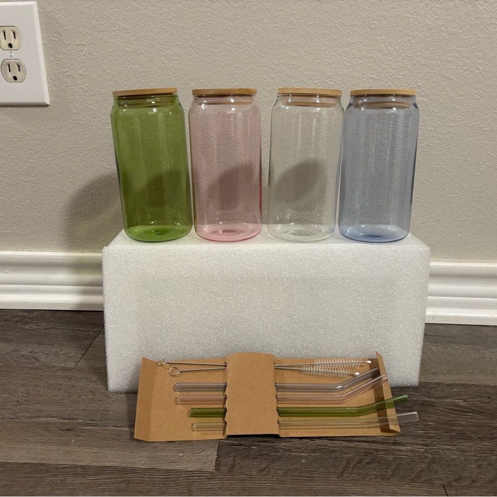 Set of 4 Glass Jars with Bamboo Lids - Green, Pink, Clear, Blue 16 fluid oz